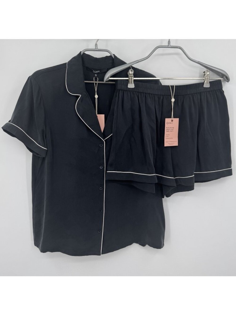 Quince Black Washable Silk Pajama Set with Piping Size S Small NWT